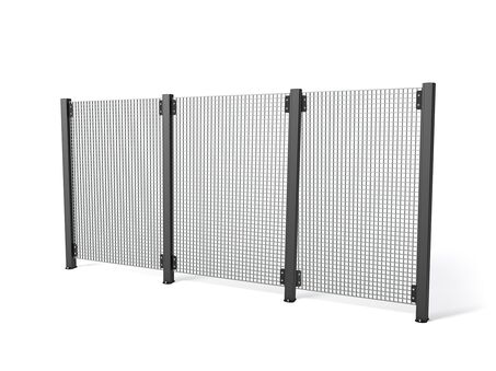 Render van een gele FE FENCE - Veiligheidshekken tegen een witte achtergrond