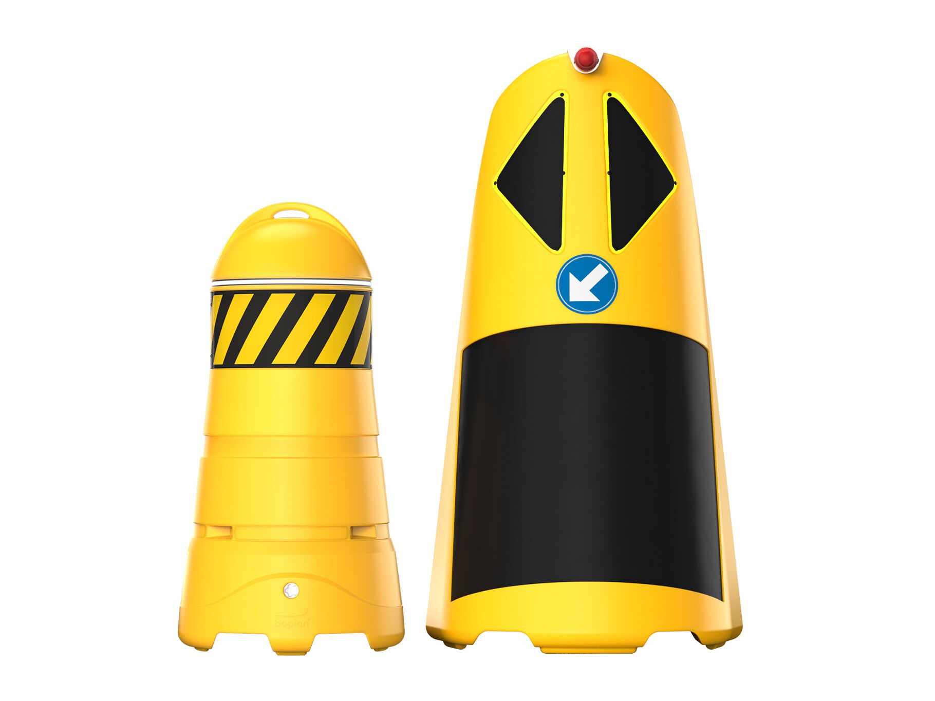 Render żółtego Boplan SAFETY TOTEM i SAFETY GUARD - Przenośne bariery na białym tle