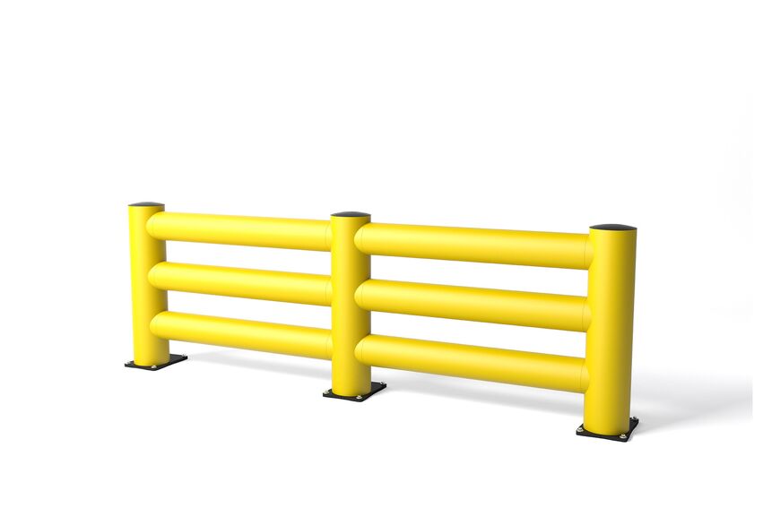 Rendering eines gelben TB SUPER TRIPLE - Rammschutzplanke auf weißem Hintergrund