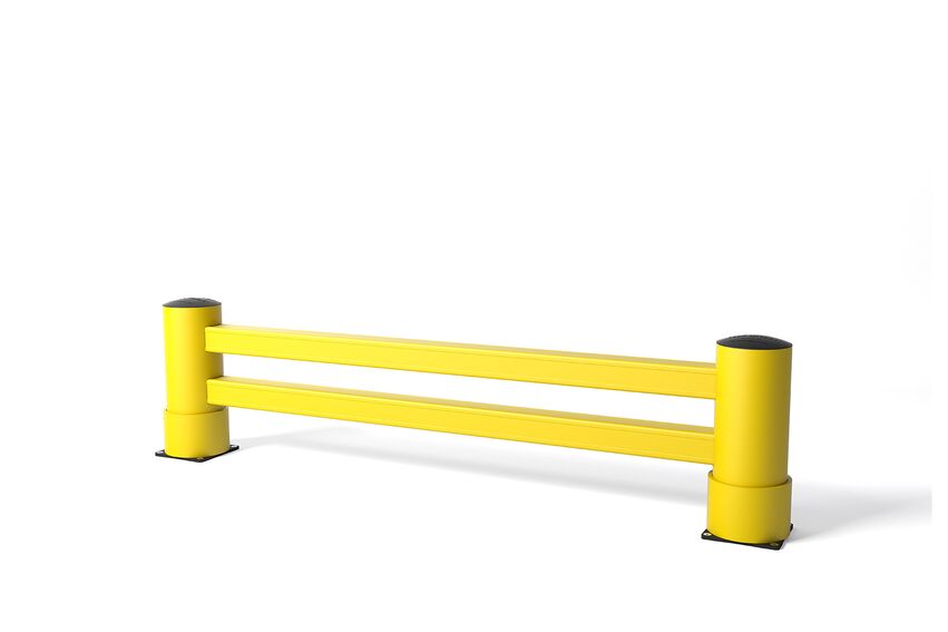 Render de un RE RACK END amarillo - Protectores de estanterías sobre fondo blanco