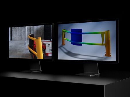 Twee computerschermen die virtuele en live testen van Boplan FLEX IMPACT® producten vergelijken
