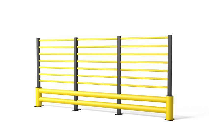 Rendering eines gelben TB 400 DOUBLE GRILL - Rammschutzplanke auf weißem Hintergrund