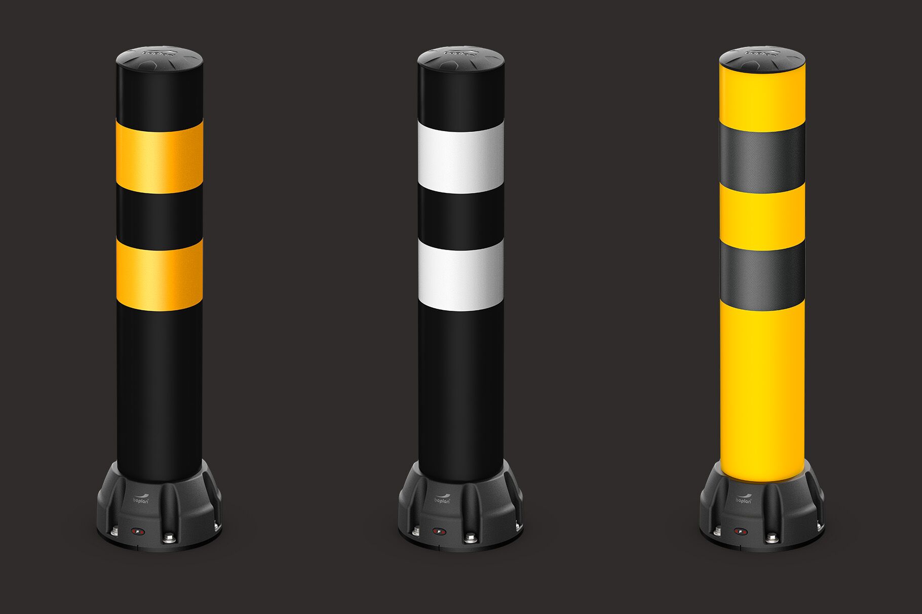 Rendering eines Satzes von Boplan BO200R Rammschutzpollern in verschiedenen Farboptionen