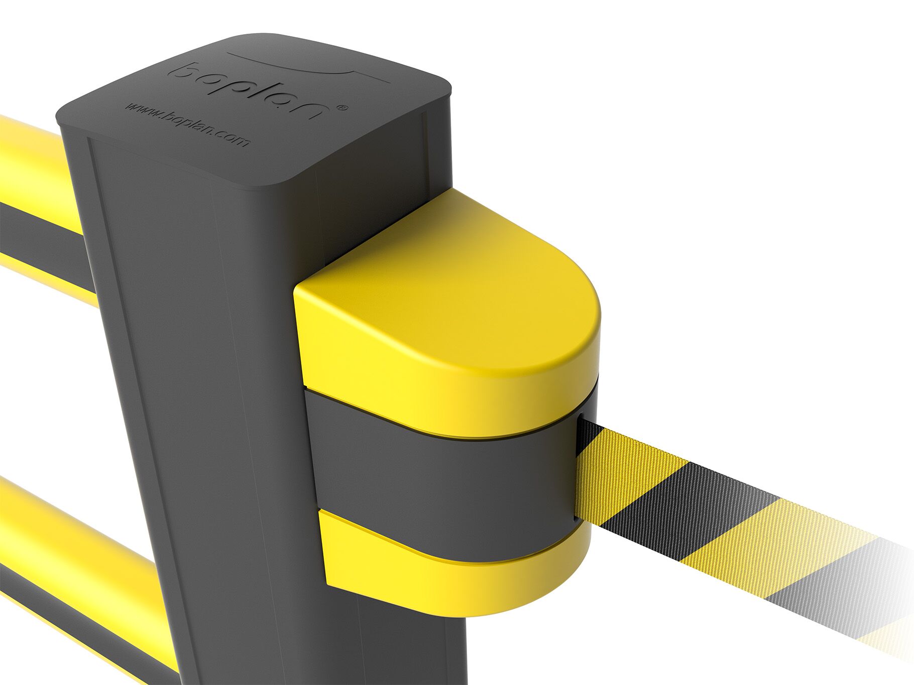 Primer plano de un BB BELT BARRIER amarillo - Puerta de seguridad sobre fondo blanco