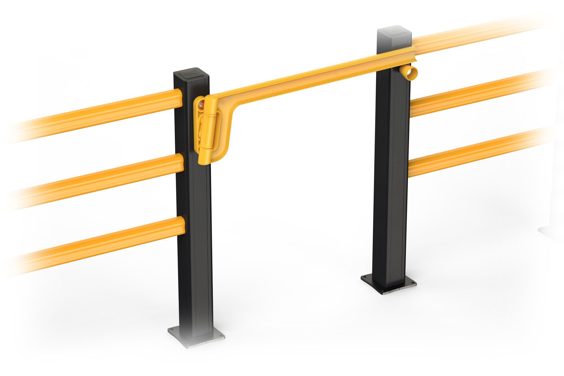 Render of a yellow Boplan SINGLE AXES GATE combined with the Boplan FLEX IMPACT® HP PLUS