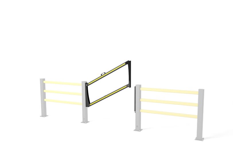 Rendering eines gelben SG DROP GATE - Sicherheitstür auf weißem Hintergrund