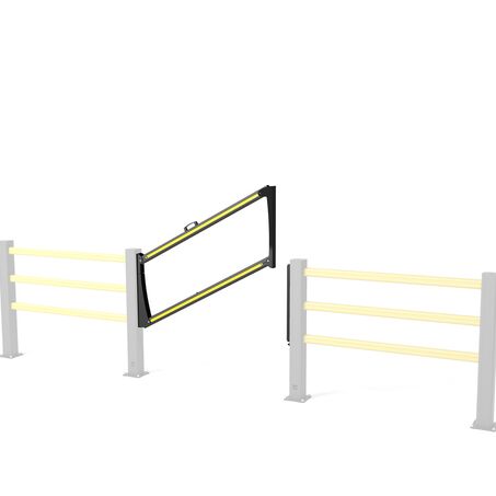 Rendering eines gelben SG DROP GATE - Sicherheitstür auf weißem Hintergrund