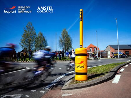Photo of the Boplan Race Bumper and Pillar used in a cycling race to protect cyclists from obstacles