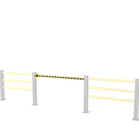 Rendering eines gelben BB BELT BARRIER - Sicherheitstür auf weißem Hintergrund