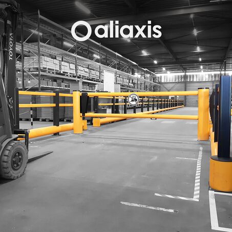 Yellow Boplan DOCK GATE at pedestrian passage way in Aliaxis warehouse