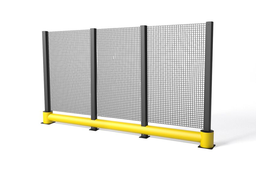 Rendering eines gelben TB 260 PLUS FENCE - Rammschutzplanke auf weißem Hintergrund