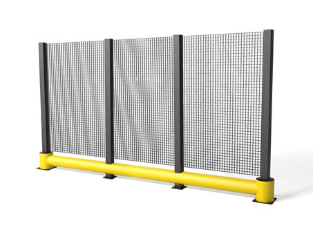 Render van een gele TB 260 PLUS FENCE - Aanrijdbeveiliging tegen een witte achtergrond