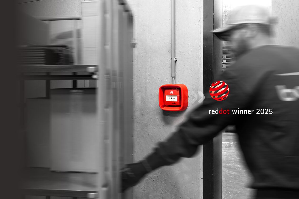 Red Dot winner Boplan WALLY PRO in a live setting, a protective bumper for call points and fire alarm buttons
