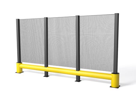 Render van een gele TB 400 PLUS FENCE - Aanrijdbeveiliging tegen een witte achtergrond