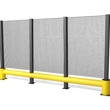 Rendering eines gelben TB 400 PLUS FENCE - Rammschutzplanke auf weißem Hintergrund