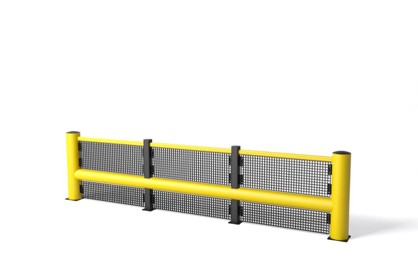 Rendering eines gelben TB 550 PLUS FENCE - Rammschutzplanke auf weißem Hintergrund