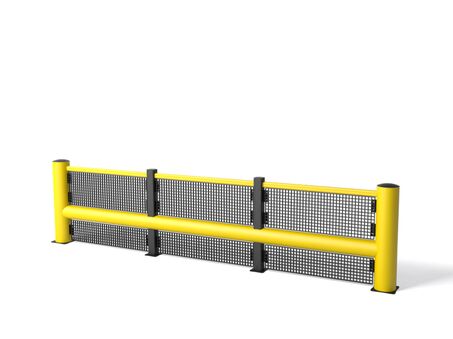 Render van een gele TB 550 PLUS FENCE - Aanrijdbeveiliging tegen een witte achtergrond