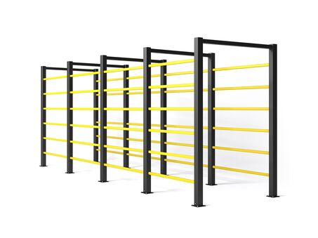 Render de un HT TUNNEL FREE STANDING amarillo - Barreras peatonales sobre fondo blanco