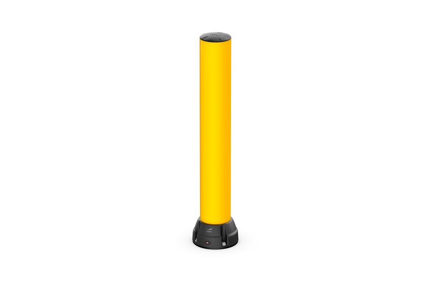Rendering eines gelben BO170B - Rammschutzpoller auf weißem Hintergrund