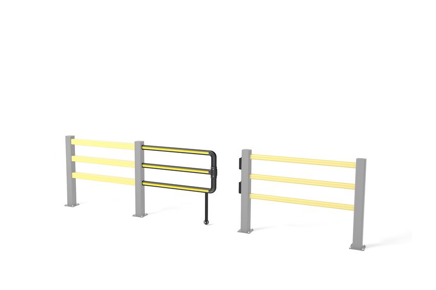 Rendering eines gelben SG SLIDING GATE - Sicherheitstür auf weißem Hintergrund