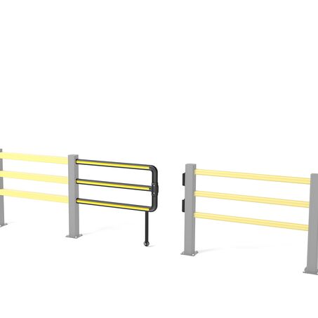 Rendering eines gelben SG SLIDING GATE - Sicherheitstür auf weißem Hintergrund