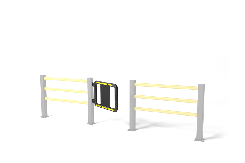 Rendering eines gelben SG SWING GATE - Sicherheitstür auf weißem Hintergrund