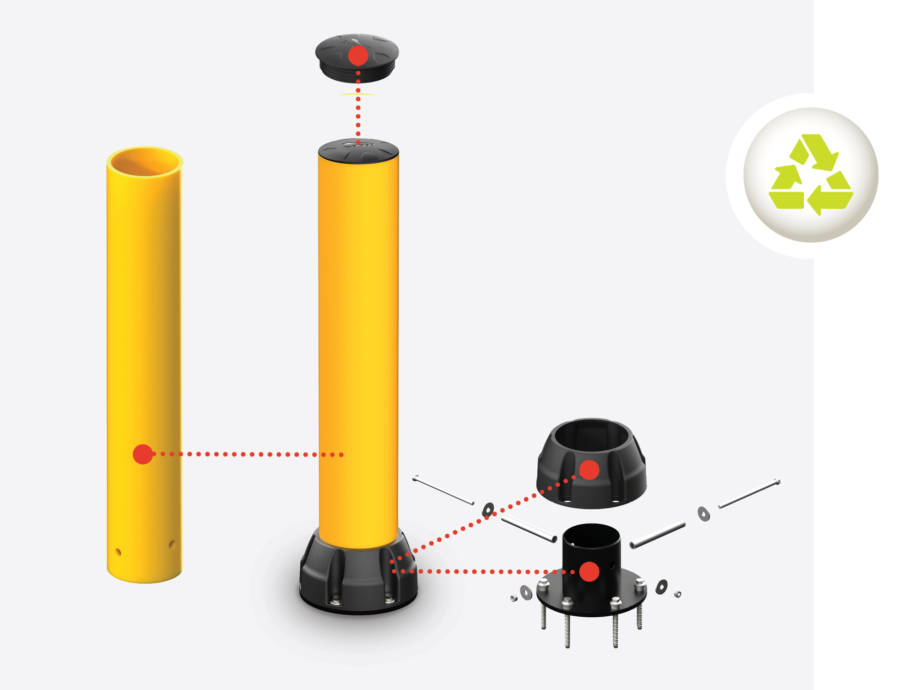 Illustration of the modularity of a Boplan bollard with a polymer tube, the base plate, the cap and the base plate cover