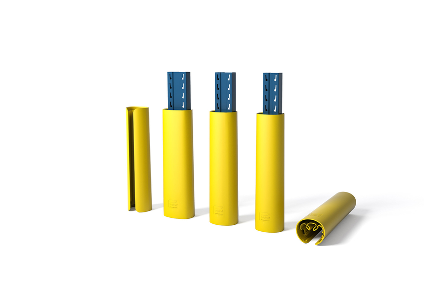 Render of a yellow RACKBULL L - Rack protection on a white background