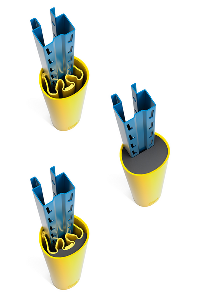 Render de un RACKBULL amarillo con sus accesorios opcionales - Protectores de estanterías sobre fondo blanco
