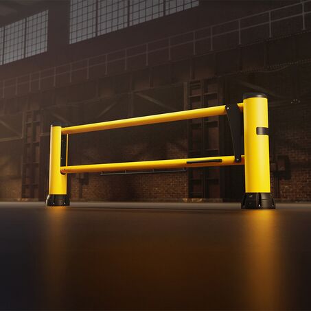 Render de un DG250F amarillo en un almacén
