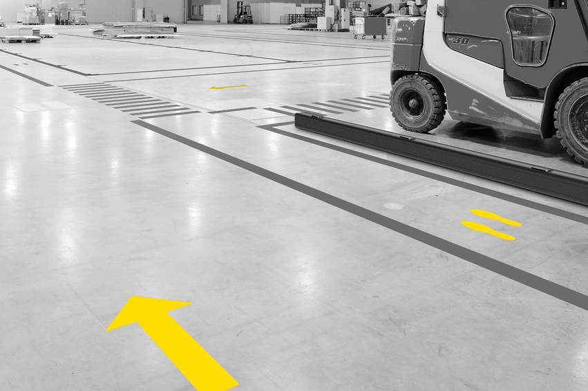 Boplan FLEX IMPACT® LINE PLAN ARROW in a live setting - Floor marking tape