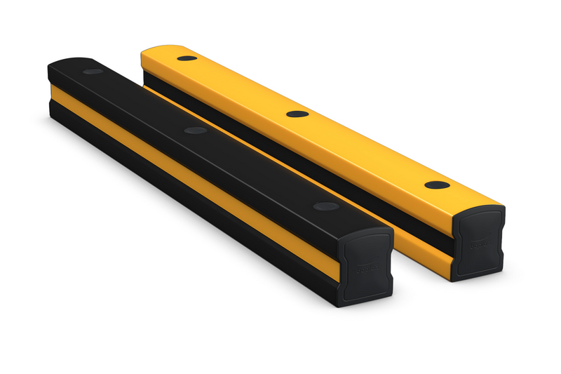 Render of a black and yellow FLIP 180 - Kick rails on a white background