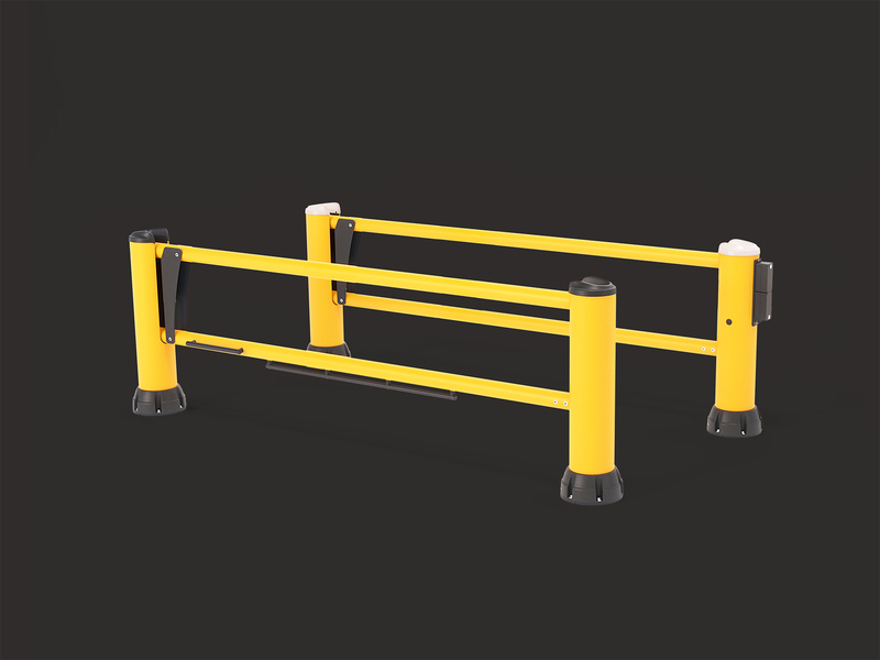 Render de un DG250R y un DG250R AE amarillo - Puerta de seguridad sobre fondo negro