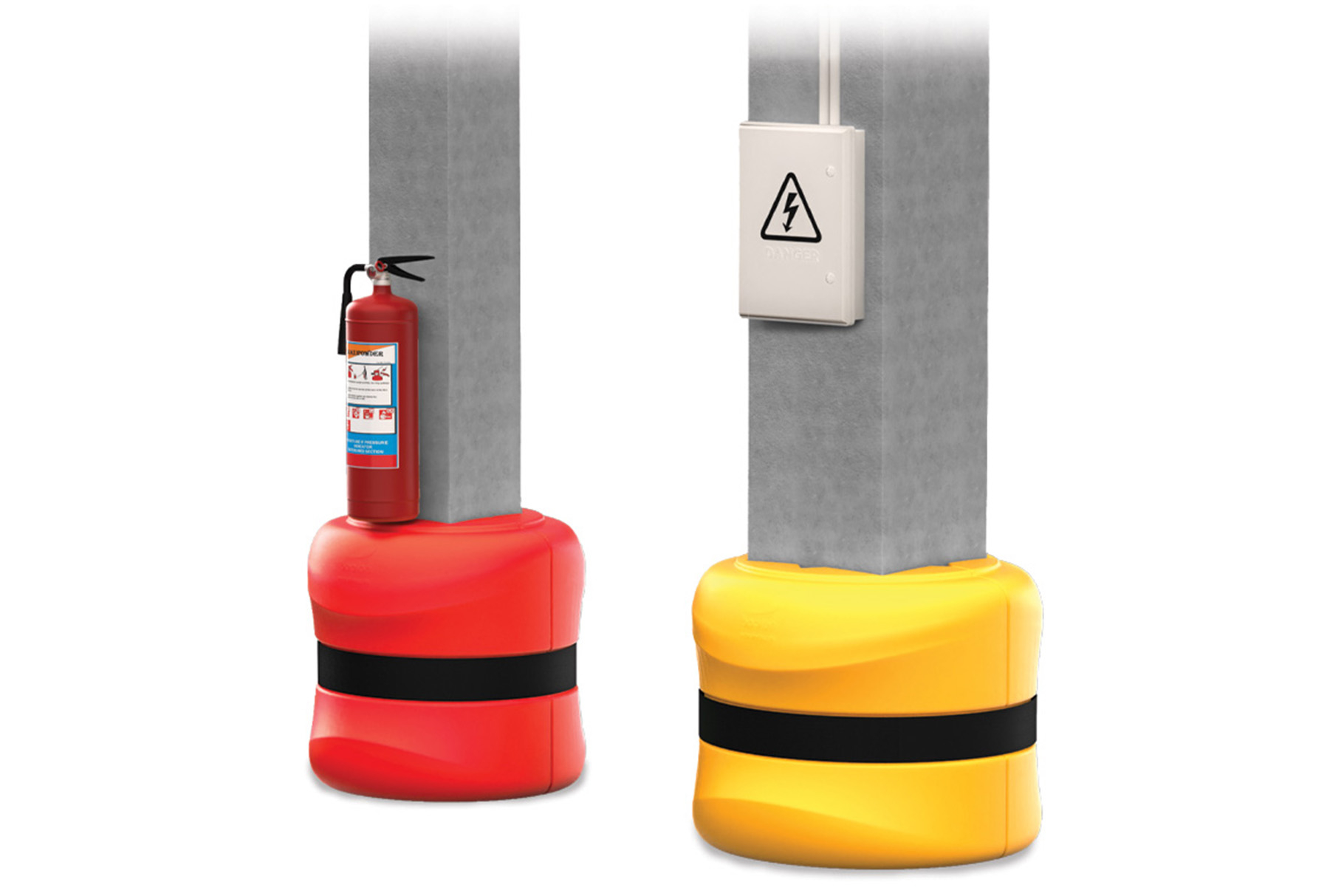 Render of yellow and red KP PROTECTORS - Column protection on a white background