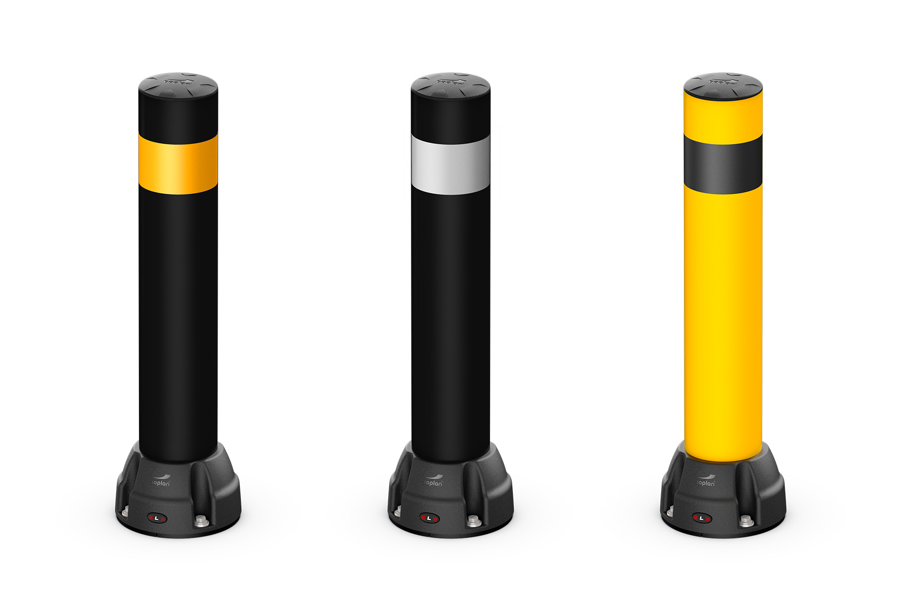 Render of a set of Boplan BO125L bollards in different color options