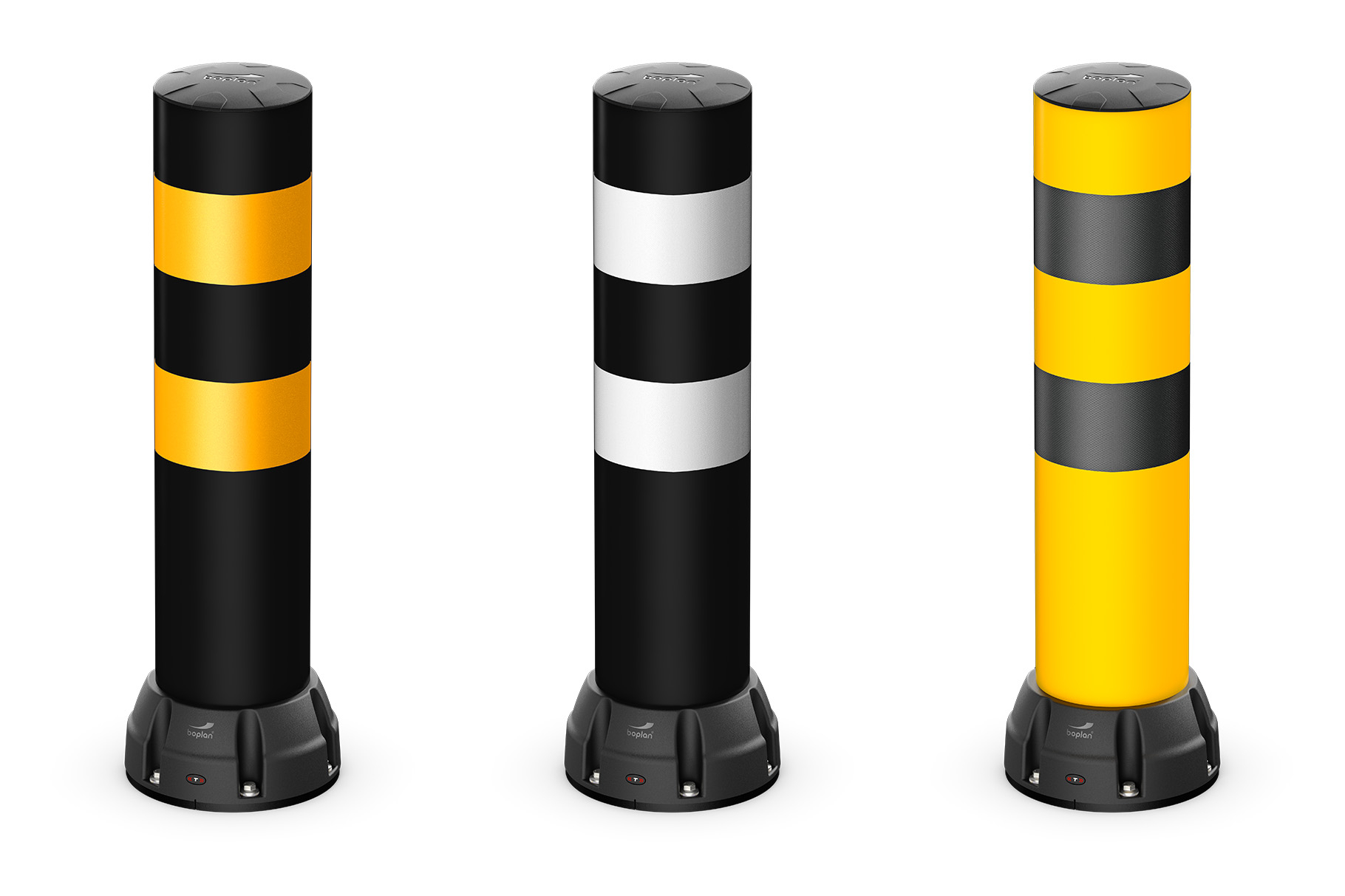 Render of a set of Boplan BO250T bollards in different color options