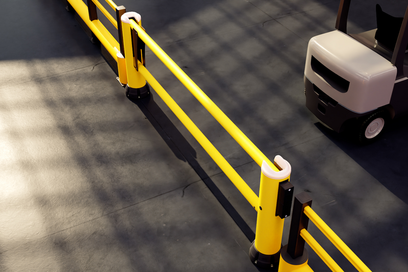 Render de un DG250R AE amarillo - Puerta de seguridad en un almacén