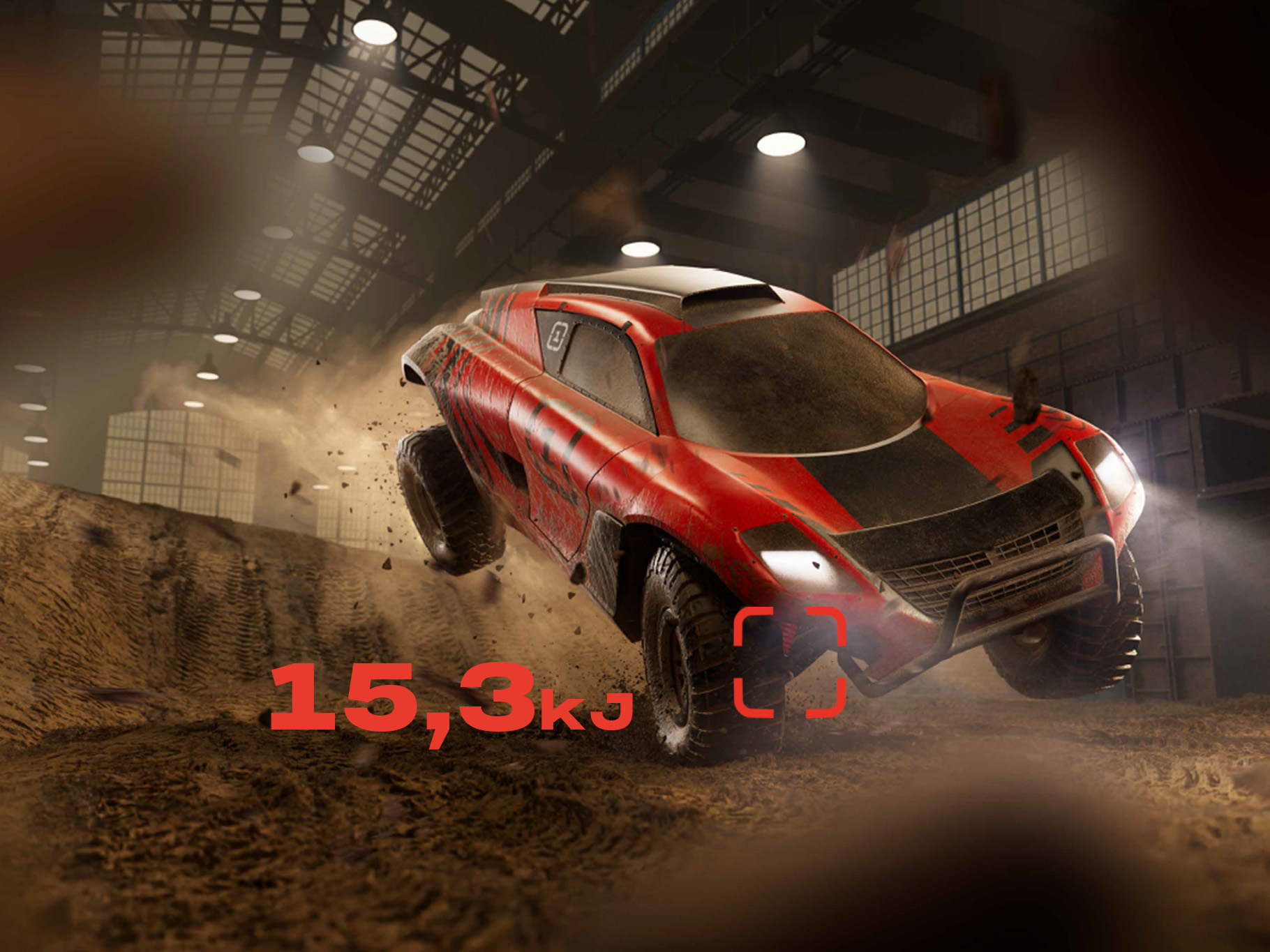 Boplan campaign image of a rally car hitting the ground with a force of 15kJ