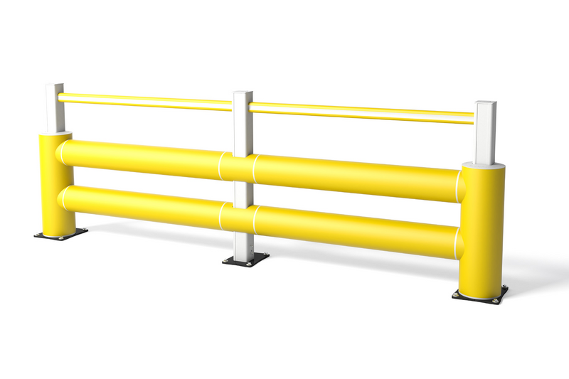 Rendering eines gelben ICE FLEX® TB 400 DOUBLE PLUS - Rammschutzplanke auf weißem Hintergrund