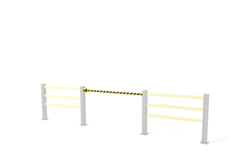 Render de un BB BELT BARRIER amarillo - Puerta de seguridad sobre fondo blanco