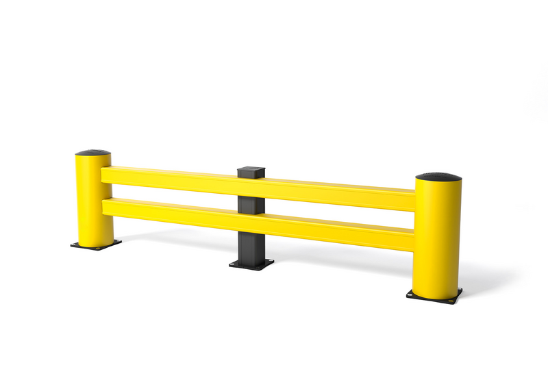 Render de un RE RACK END amarillo con soporte - Protectores de estanterías sobre fondo blanco