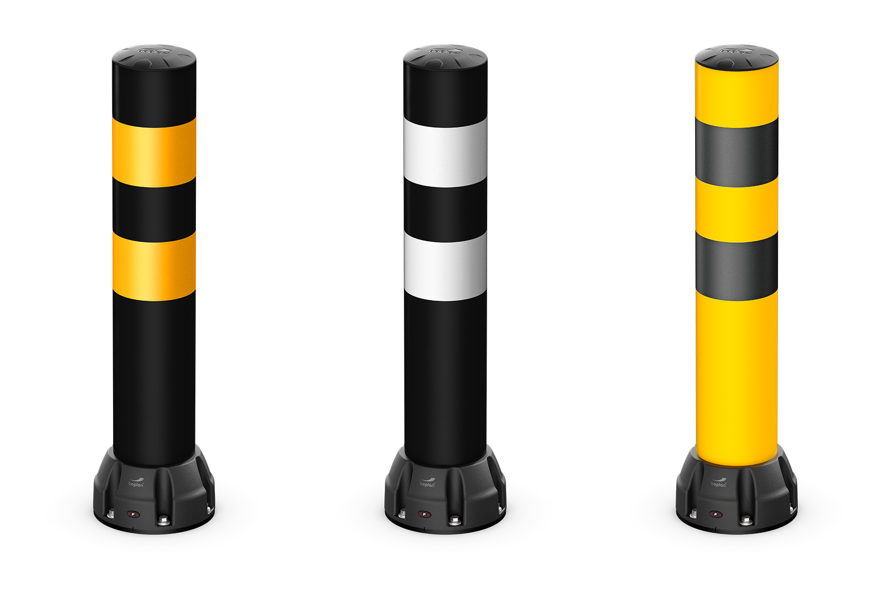 Render of a set of Boplan BO170B bollards in different colour options