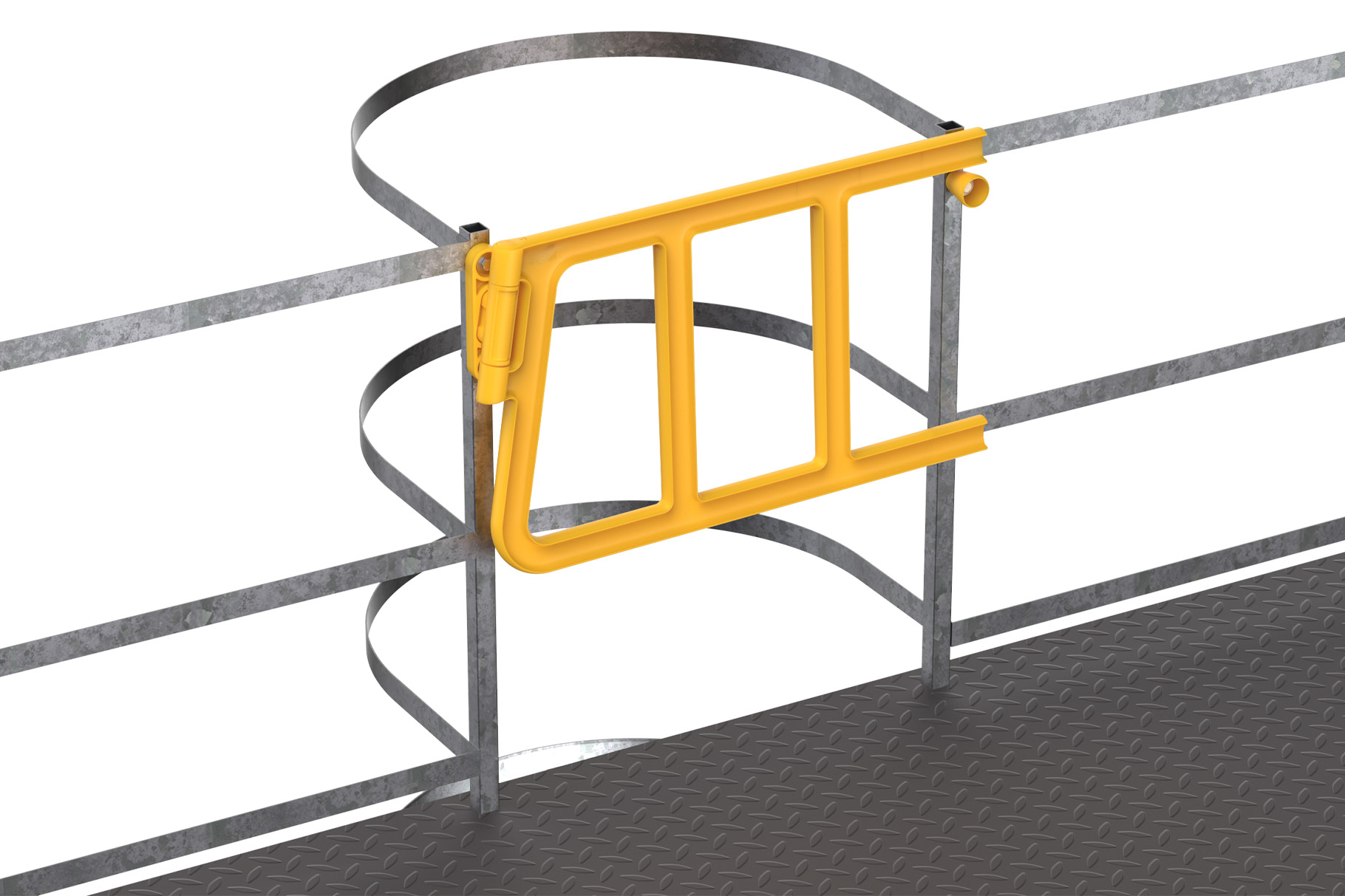 Render of a yellow Boplan Double AXES GATE mounted on a cage ladder