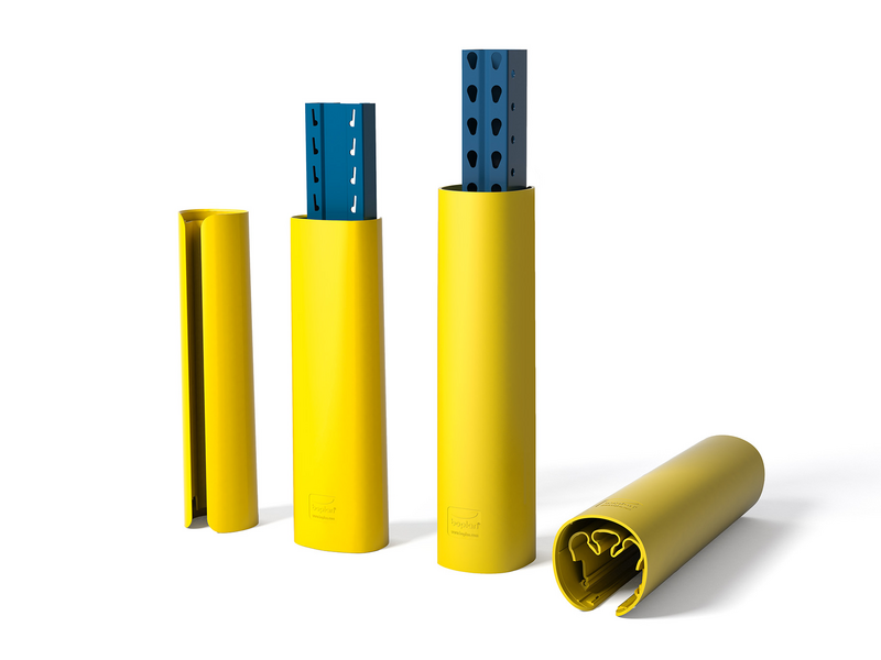 Rendering eines gelben RACKBULL L und RACKBULL XL - Regalschutz auf weißem Hintergrund